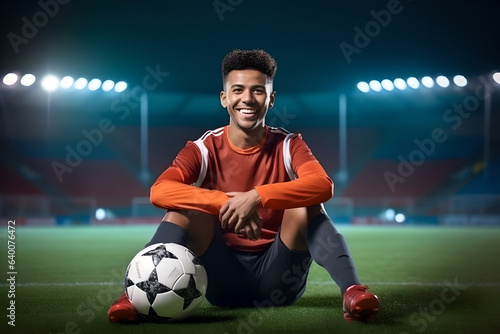 Portrait of male football player sitting on field inside stadium with soccer ball © AspctStyle