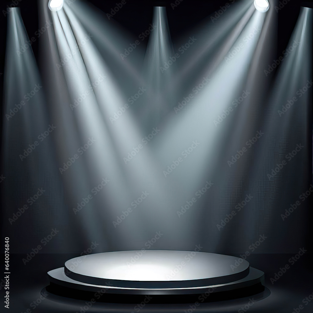 spotlight refocused view on an empty studio background lit from the top by a round spotlight. Visible light cone. A place for displaying products.n stage. Generative AI
spotlight refocused view on an empty studio background lit from the top by a round spotlight. Visible light cone. A place for displaying products.n stage. Generative AI