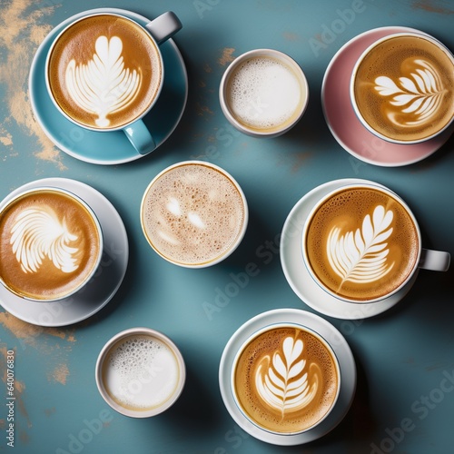 Aerial view of various latte coffee cups 