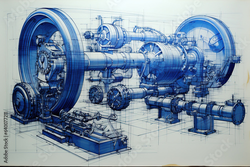 Sketch of industrial equipment in blue print