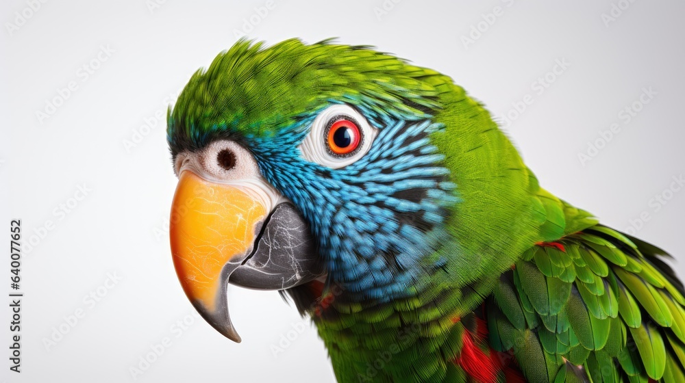An image of a majestic parrot sitting elegantly against a white background.