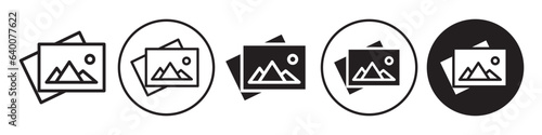 Gallery Icon. Image photograph frame symbol. Vector set of picture media file thumbnail or snapshot. Flat logo of album art film studio. Outline sign of camera photo card for web app ui.