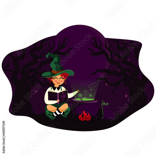 little witch brews a potion on a full moon with a cat
