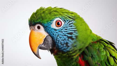 An image of a majestic parrot sitting elegantly against a white background.