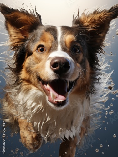 Image of a playful joyful dog on a light background.