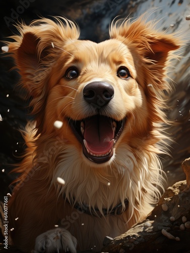 Image of a playful joyful dog on a light background. © kept