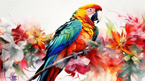 An image of a parrot surrounded by colorful tropical foliage, with bright plumage standing out against a bright white background. © kept