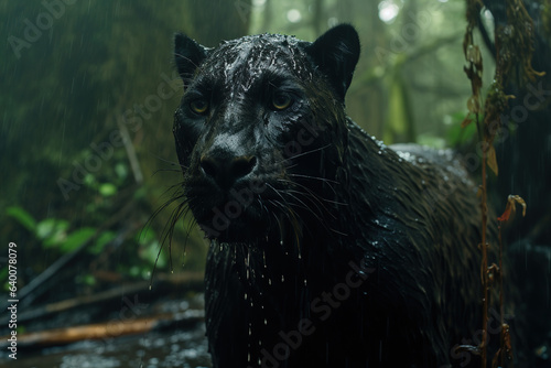 Black panther in deep rain forest