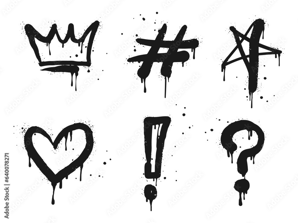 Spray painted graffiti Crown, star, question marks, heart, question drip symbol. isolated on white background. vector illustration - obrazy, fototapety, plakaty 