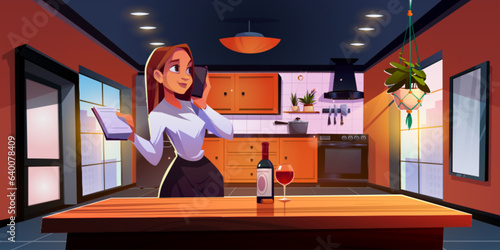 Woman with phone in kitchen room with wine bottle cartoon illustration. Modern house design with cupboard, refrigerator, stove, oven and hood in orange color. Cozy light cooking and dining place