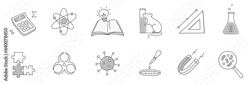 Laboratory doodle icon set. Hand drawn sketch line doodle style scientific education, chemistry laboratory, medicine experiment icon. Microscope, atom, magnet outline element. Vector illustration.