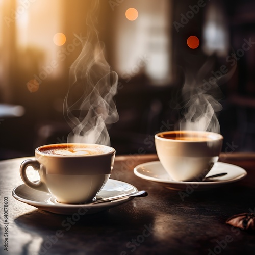 White coffee cups with blurred background 