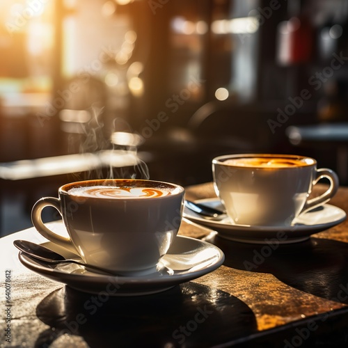 White coffee cups with blurred background 