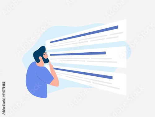 Search Engine Results Page - SERPs concept. Man looks at search result, first positions of sites or contextual advertising for search query. Vector isolated illustration on white background with icons