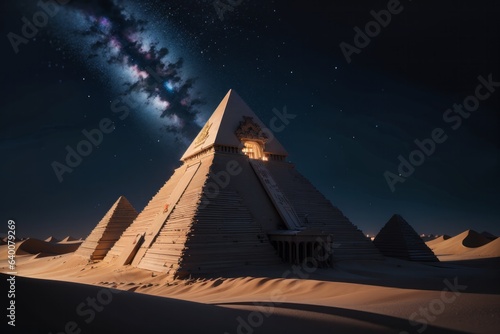 Sci-fi 3D render or illustration of Egyptian like pyramids in the desert at night against a star-filled sky. Mystery of ancient lost alien civilization and real pyramid purpose 