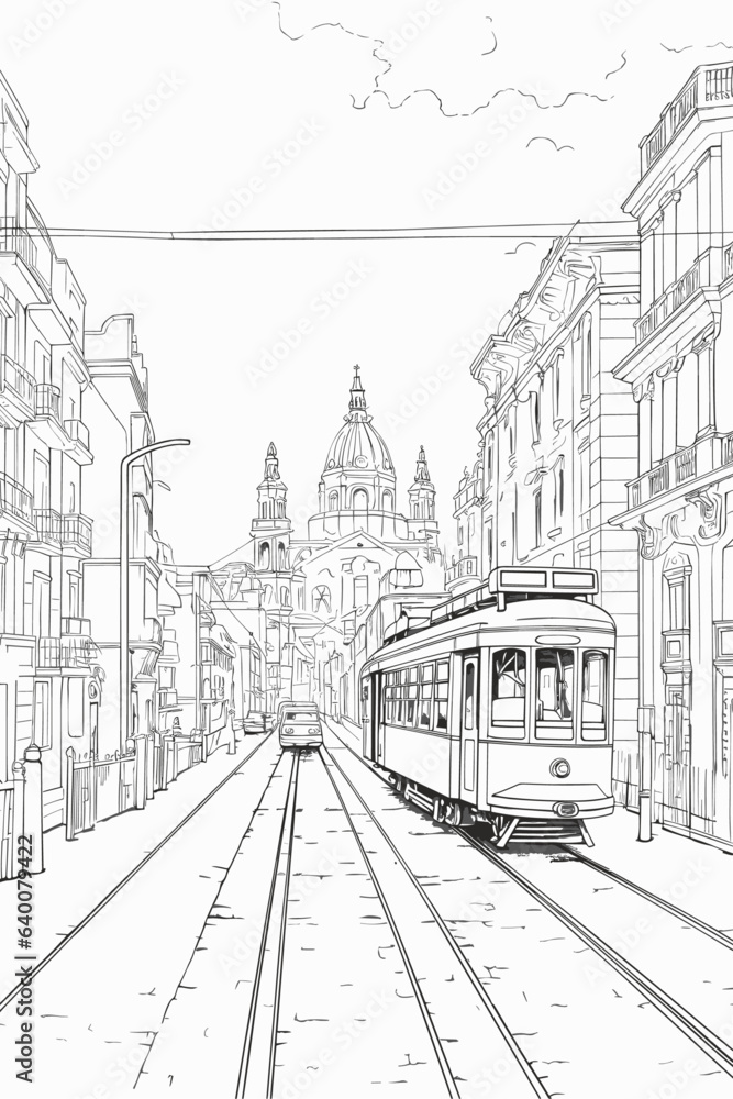 Portugal Lisbon cityscape black and white coloring page for adults. European city buildings, street, landmarks vector outline doodle sketch for anti stress color book