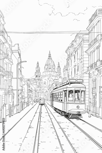 Portugal Lisbon cityscape black and white coloring page for adults. European city buildings, street, landmarks vector outline doodle sketch for anti stress color book © Anastasiia