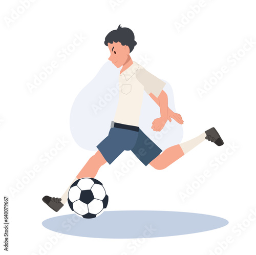 Young Thai Student Boy Kicking Ball After Classes. Young Thai Student Boy Playing Football After School