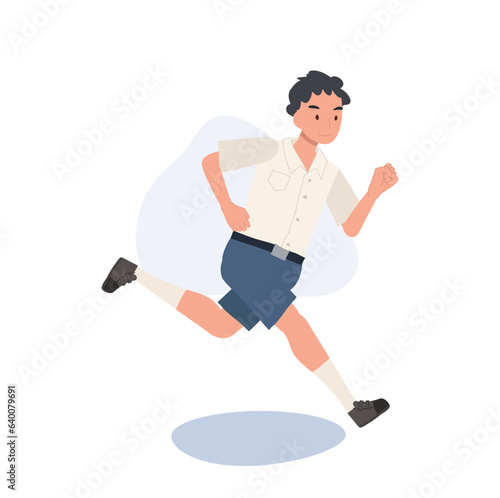  Active School Life concept. Young Thai Student boy in Uniform Running with Joy.