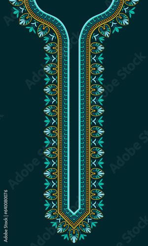 Colorful neck design for embroidery Indian kurta in Greek art style. Vibrant vintage floral pattern design for decoration on the neck of kaftan dress, African dashiki shirt, thobe, and Muslim tunic.