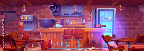 Broken down abandoned bar counter interior - damaged and closed pub or cafe rack with waste and cobweb, crashed tv and hole in wall, smashed furniture and cashier. Cartoon vector illustration.