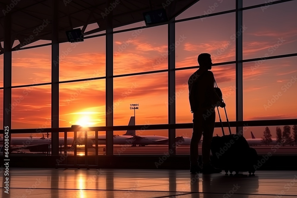Silhouette of a man at the airport. A man stands with his luggage against the backdrop of a huge panoramic window overlooking the runway in the sunset light