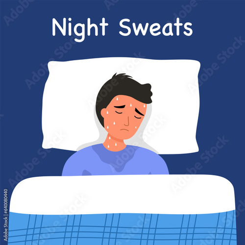 Man lying in bed with sweating symptom during sleep. Flu symptom.