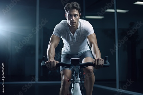 Young man during workout on a smart exercise bike. Sscientific approach to training for maximum performance. © Stavros