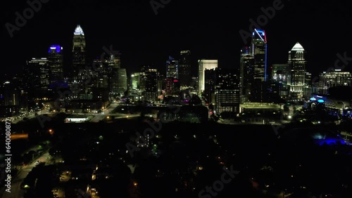 Aerial views from over downtown Charlotte North Carolina at night