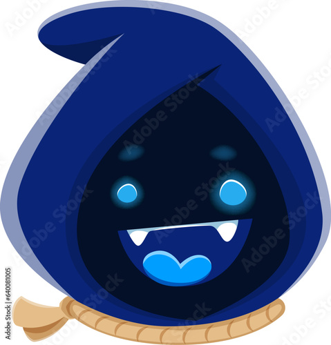 Cartoon Halloween emoji character wearing a hood and rope around its neck, exuding a spooky and mischievous vibe. Isolated vector butcher or monster face emoticon with blue glowing eyes and fangs