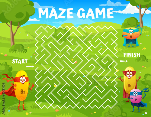 Labyrinth maze game, help to cartoon superhero vitamin character to find his friends. Vector puzzle quiz worksheet with cute personages of vitamins and food supplements wearing hero capes and masks