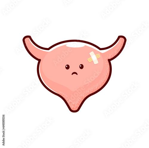 Cartoon sick bladder organ character with urethra, sad face and bandage. Vector personage of human urinary system anatomy. Unhealthy bladder organ, urinary system disease and healthcare themes