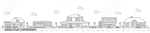 Neighborhood line art outline village or town house buildings. Town real estate property dwelling cityscape, urban architecture house landscape outline vector backdrop with modern cottage dwelling