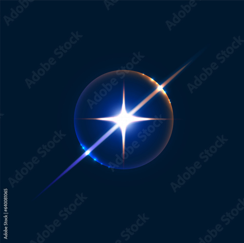 Light flare sparkle, shine flash and glow effect of star burst on vector background. Sparkle flare of shiny sun or camera flash and ray beam with golden halo flare effect of sunlight in dark blue sky