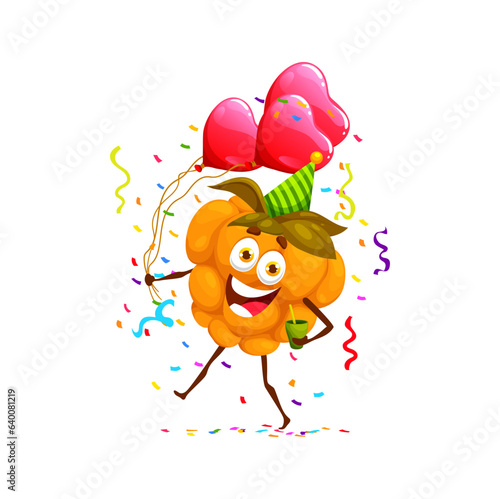 Cartoon cloudberry character, birthday holiday. Child holiday party berry happy personage, kids greeting or children birthday celebration cloudberry isolated vector comical mascot with balloons