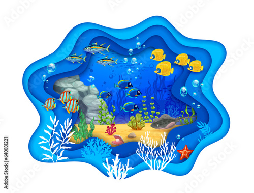 Cartoon tropical sea paper cut underwater landscape. Fish shoal, starfish, seaweeds and stingray swim among vibrant coral reef. Colorful 3d vector papercut undersea scene with tuna and angel fishes