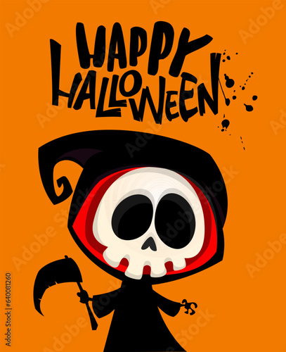 Illustration of cartoon grim reaper character.. Halloween design of poster or invitation 