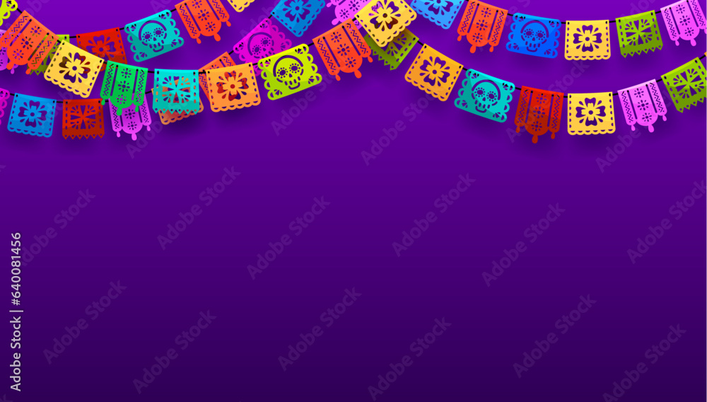 Mexican Dia de Los Muertos holiday background with papel picado flags, vector poster. Dia de los Muertos or dead day fiesta and carnival celebration of Mexico culture and tradition with papel picado