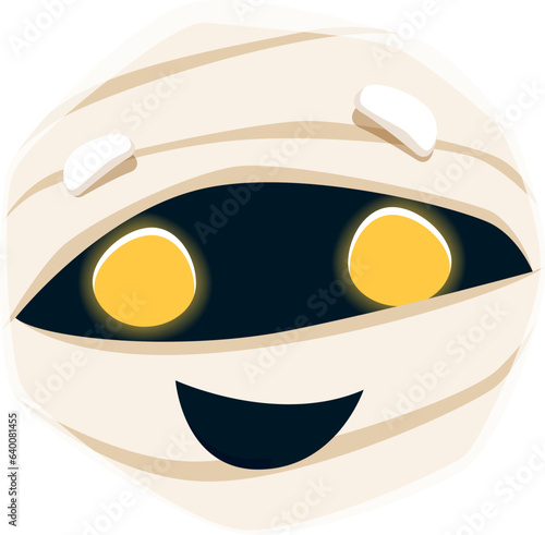 Cartoon Halloween mummy emoji character. Isolated vector cute emoticon face with wide yellow eyes and wrapped in bandages, adding a spooky yet playful touch to holiday messages and conversations