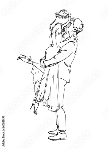Bride and groom in love kissing, invitation card, vintage line sketch, modern hand drawing for wedding. Vector illustration isolated on white background.