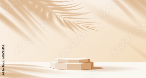 Beige and light brown podium, display stand or platform vector mockup with palm leaves shadow background. Studio, showcase and showroom 3d pedestal, stage or scene for product presentation
