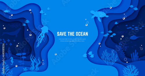 Tropical sea paper cut landscape with underwater animal silhouettes. Save the ocean Message conveyed through the beautiful papercut art create awareness and inspire action to save precious marine life