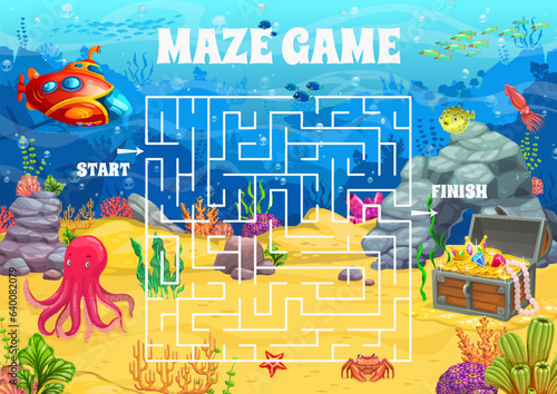 Labyrinth maze on sea bottom landscape, help to explorers find treasure chest, vector quiz game. Kids game worksheet to find way for bathyscaphe submarine in sea underwater or ocean labyrinth maze
