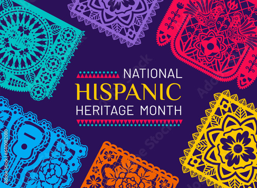 Papel picado flags on national Hispanic heritage month banner, vector ethnic ornaments. Hispanic Americans culture, tradition and art heritage festival background with papel picado flowers and guitar