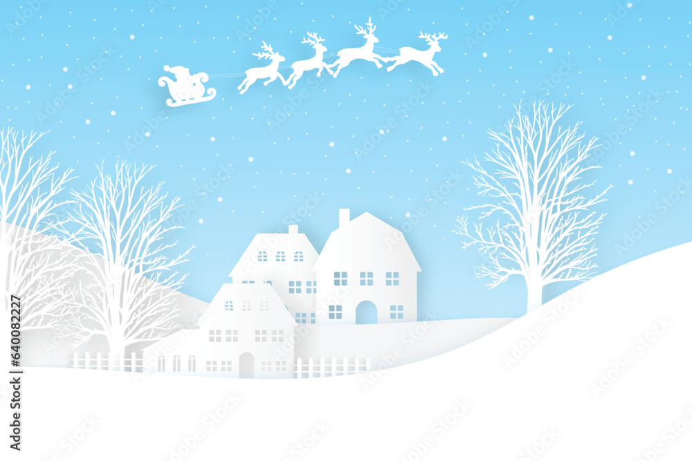 Santa Flying in the night on christmas. Winter lanscape with house, snow and tree. Paper cut vector design. The house in winter is covered with snow. Vector EPS 10.