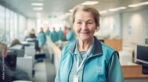 An elderly woman volunteering at a hospital, standing in a hall in a hospital with a blurred background.