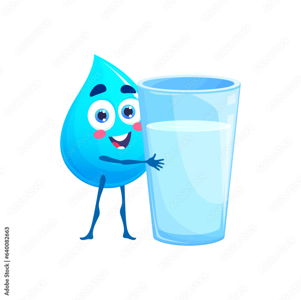 Cartoon happy water drop character with glass. Blue water droplet, fresh liquid drip or pure moisture, drop isolated vector happy character. Clean aqua droplet childish mascot hugging glass Cartoon happy water drop character with glass. Blue water droplet, fresh liquid drip or pure moisture, drop isolated vector happy character. Clean aqua droplet childish mascot hugging glass