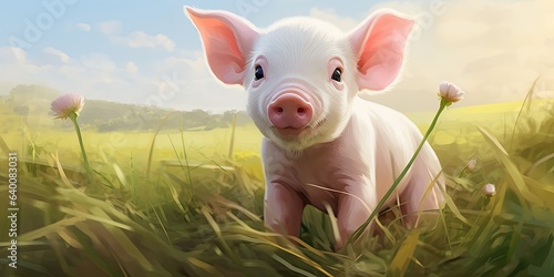 illustration of smiling baby pig standing in a field, generative AI