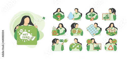 Net zero and carbon neutral concept. Net zero greenhouse gas emissions target, climate neutral long term strategy. Green net zero activities icons for environmental protection with people mega set. 