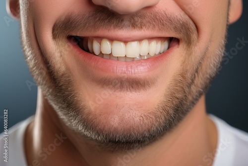 Smiling middle aged Caucasian man with perfectly white even teeth. Smiling mouth close up. Tooth whitening concept